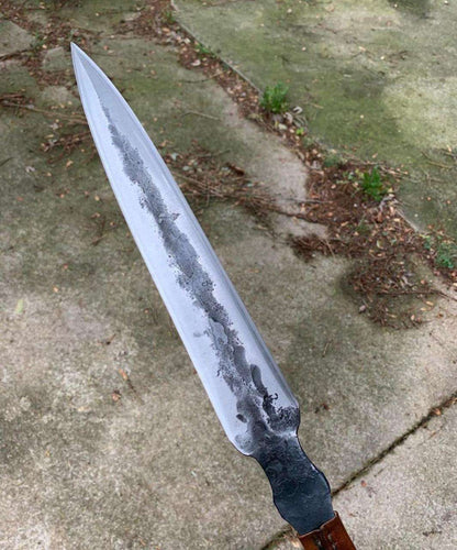 Handcrafted Long Dagger with Carved Wooden Handle & Ornate Sheath