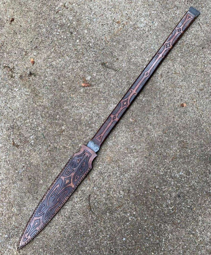 Handcrafted Long Dagger with Carved Wooden Handle & Ornate Sheath