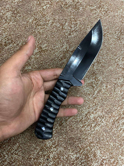 Tactical Black Fixed-Blade Knife with Textured Grip