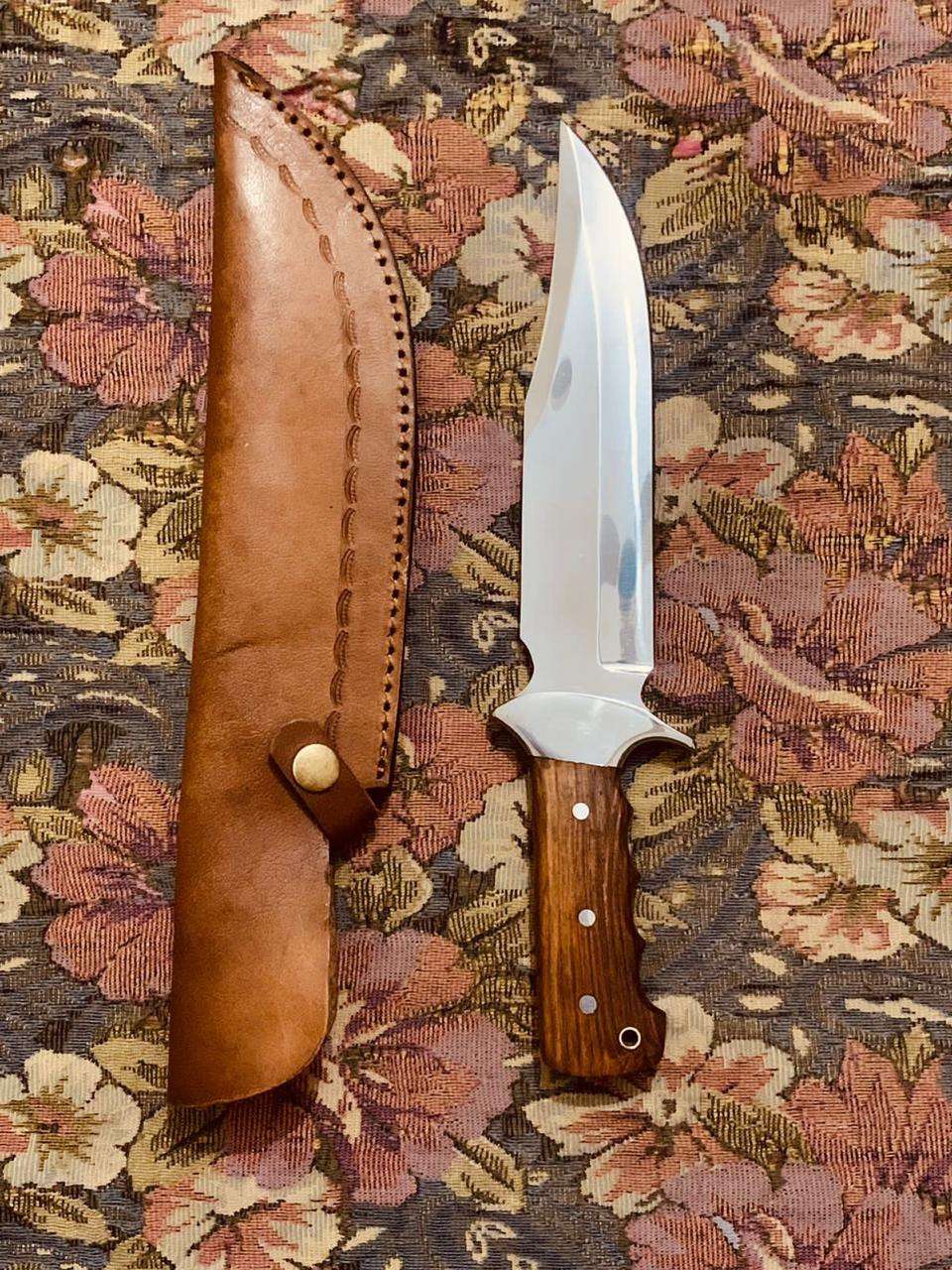 Polished Clip Point Hunting Knife with Wooden Handle & Leather Sheath
