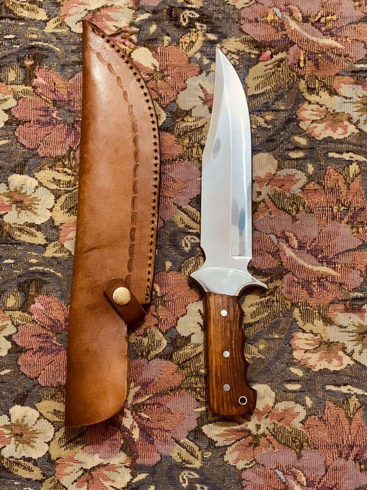 Polished Clip Point Hunting Knife with Wooden Handle & Leather Sheath