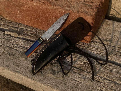 Mini Damascus Steel Pocket Knife with Color Resin Handle & Black Leather Sheath