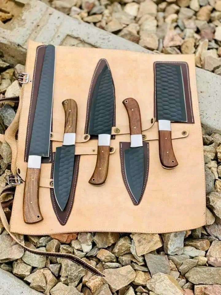 Hand-Forged 5-Piece Kitchen Knife Set with Leather Roll
