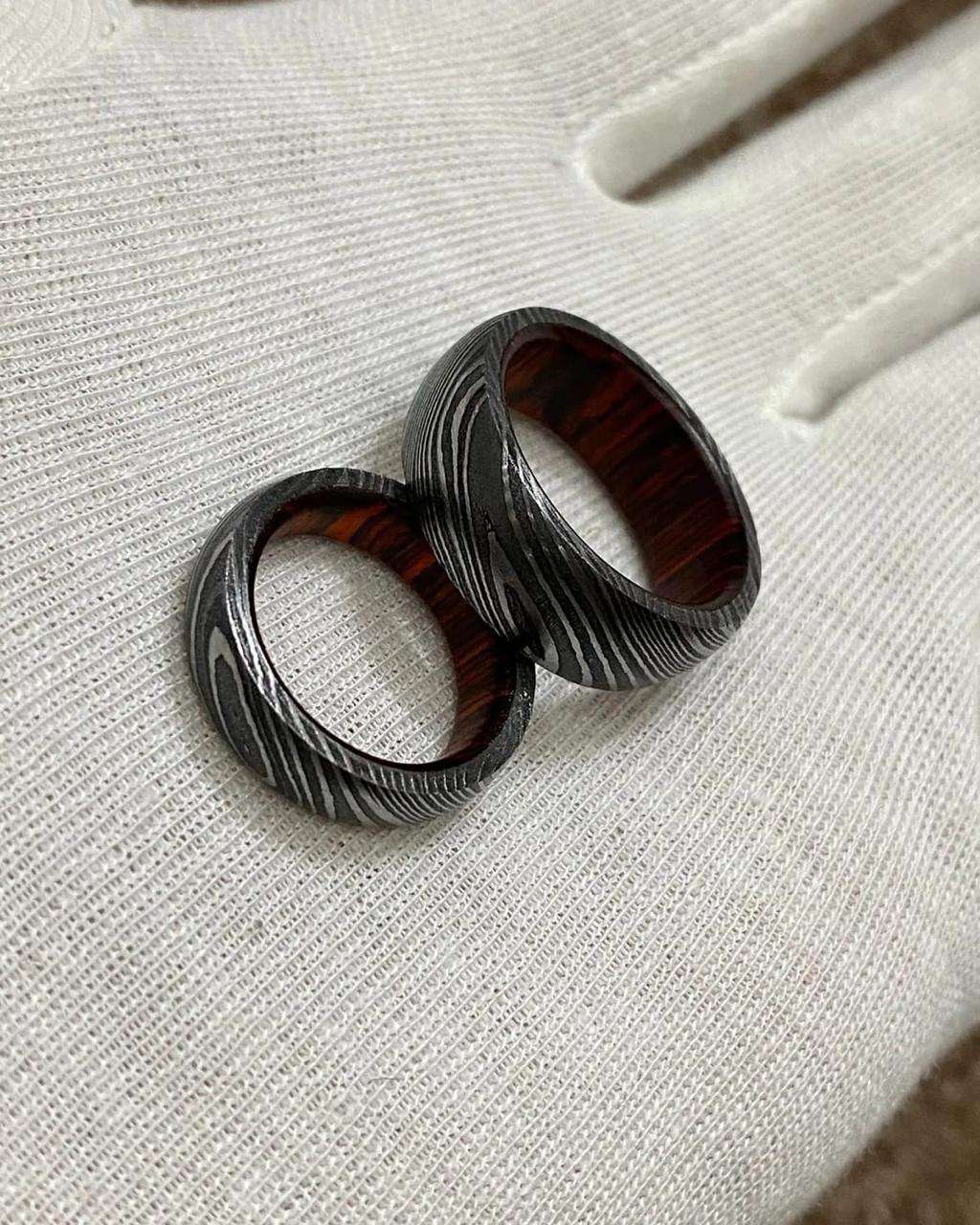 Handcrafted Damascus Steel and Bloodwood Wedding Ring Set