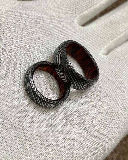 Handcrafted Damascus Steel and Bloodwood Wedding Ring Set