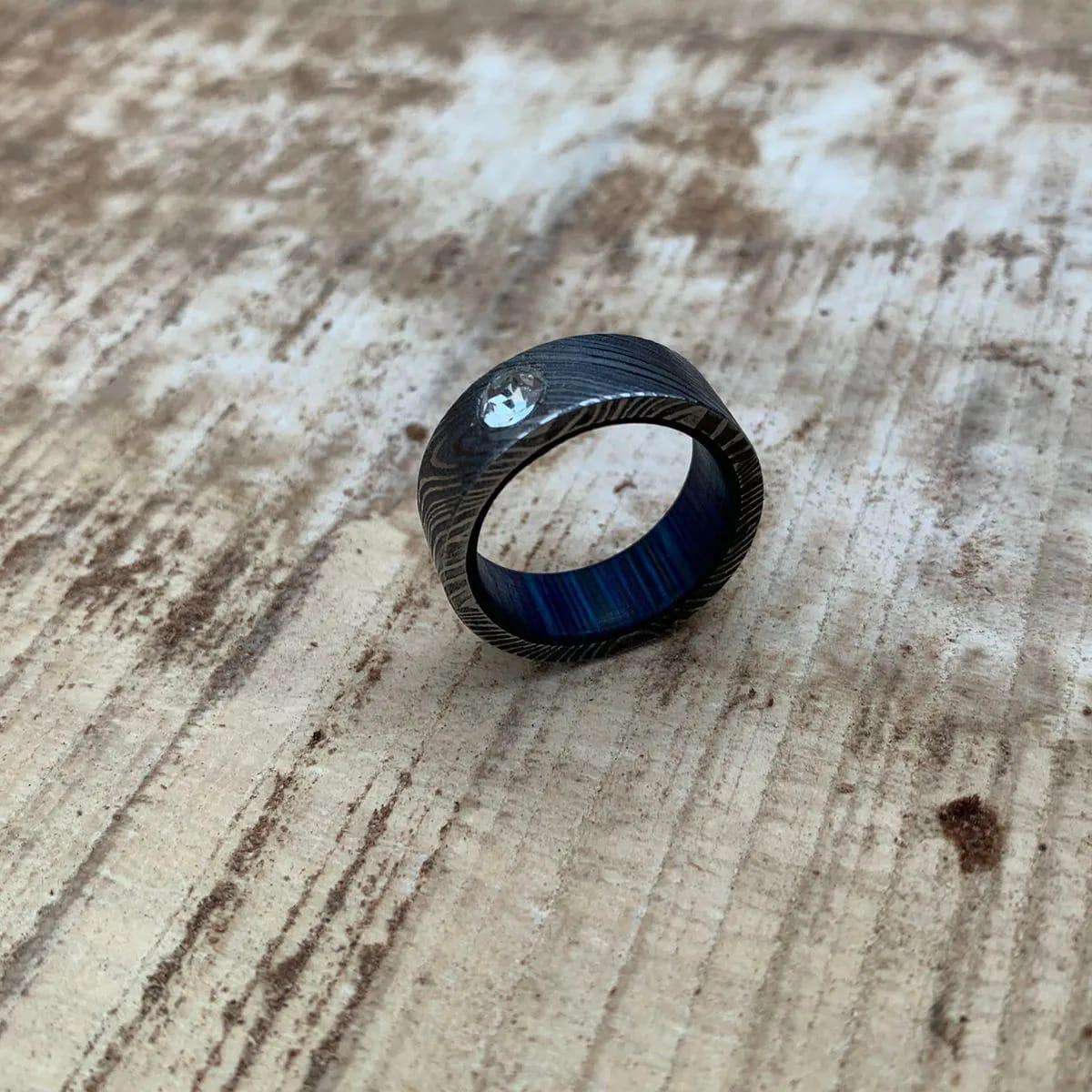 Handcrafted Damascus Steel Ring with a Blue Interior and Diamond Inlay