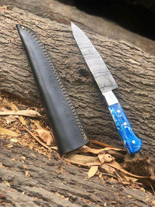 Exquisite Damascus Steel Fillet Knife with Artistic Blue Resin Handle & Leather Sheath