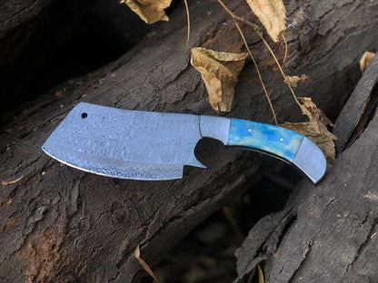 Hand-Forged Damascus Steel Mini Cleaver with Custom Handle & Sheath