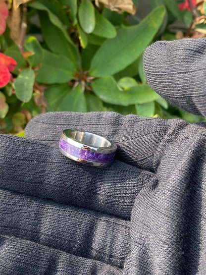Polished Metal Ring with a Crushed Purple Stone Inlay