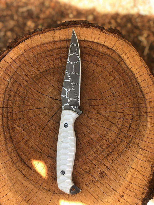 Hand-Forged Custom Fixed Blade Knife with Textured Finish & White Handle