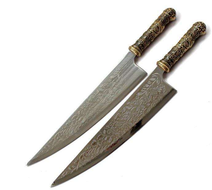 Handcrafted Engraved Steel Knife Set with Ornate Metal Handles