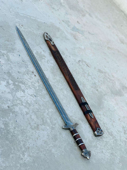 Hand-Forged Viking Sword with Wooden Handle & Engraved Leather Scabbard