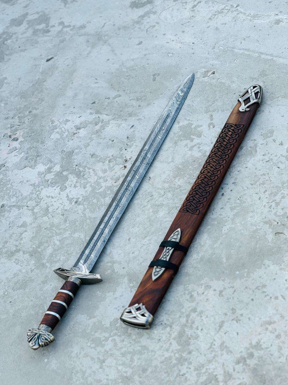 Hand-Forged Viking Sword with Wooden Handle & Engraved Leather Scabbard