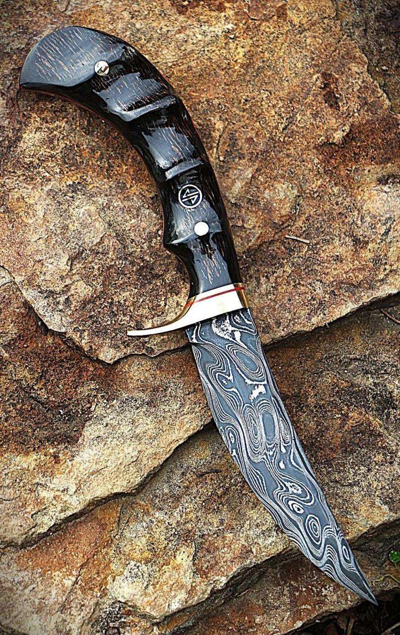 Handcrafted Damascus Steel Hunting Knife | Ebony Wood Handle