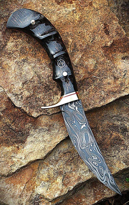 Handcrafted Damascus Steel Hunting Knife | Ebony Wood Handle