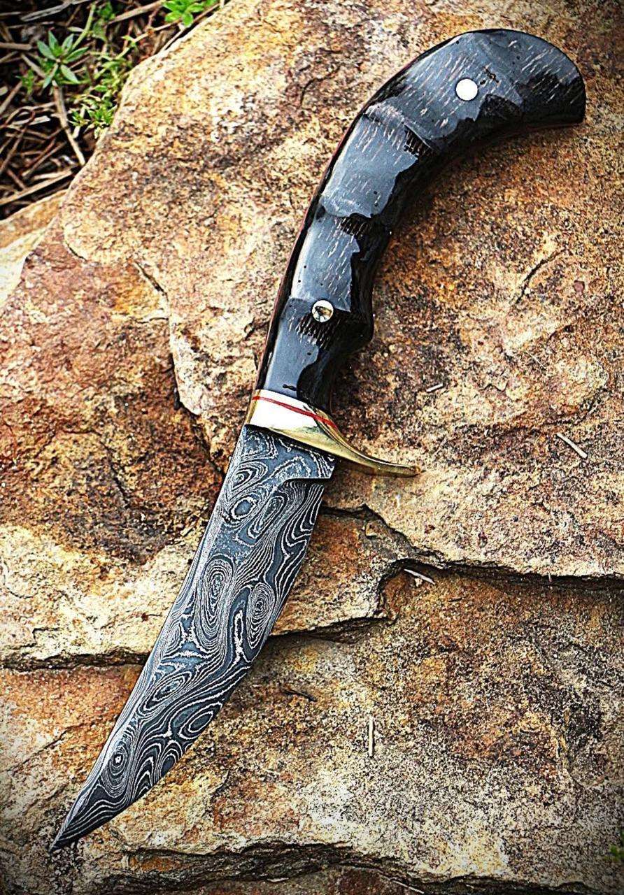 Handcrafted Damascus Steel Hunting Knife | Ebony Wood Handle