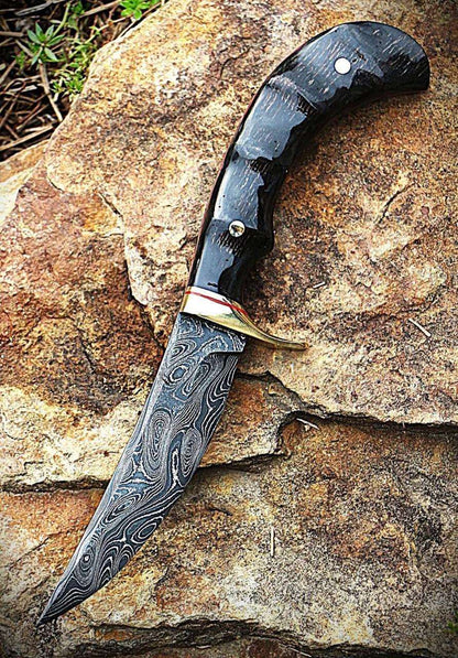 Handcrafted Damascus Steel Hunting Knife | Ebony Wood Handle