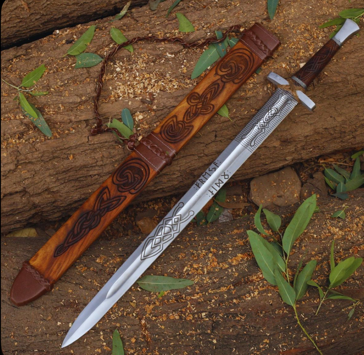 Handmade Damascus Steel Sword with Leather Sheath & Wrapped Handle