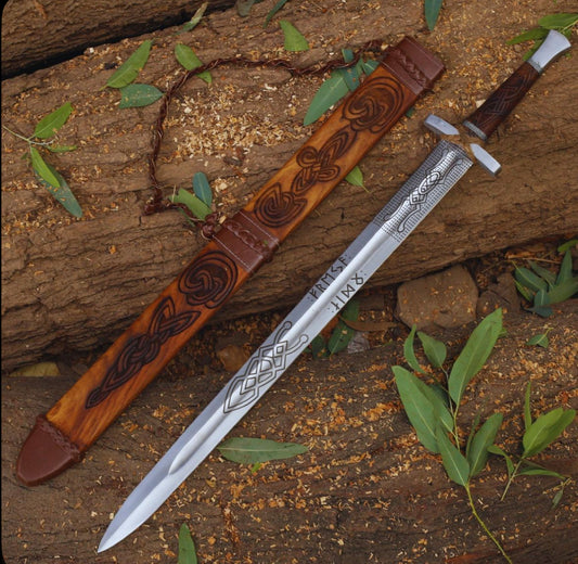 Handmade Damascus Steel Sword with Leather Sheath & Wrapped Handle