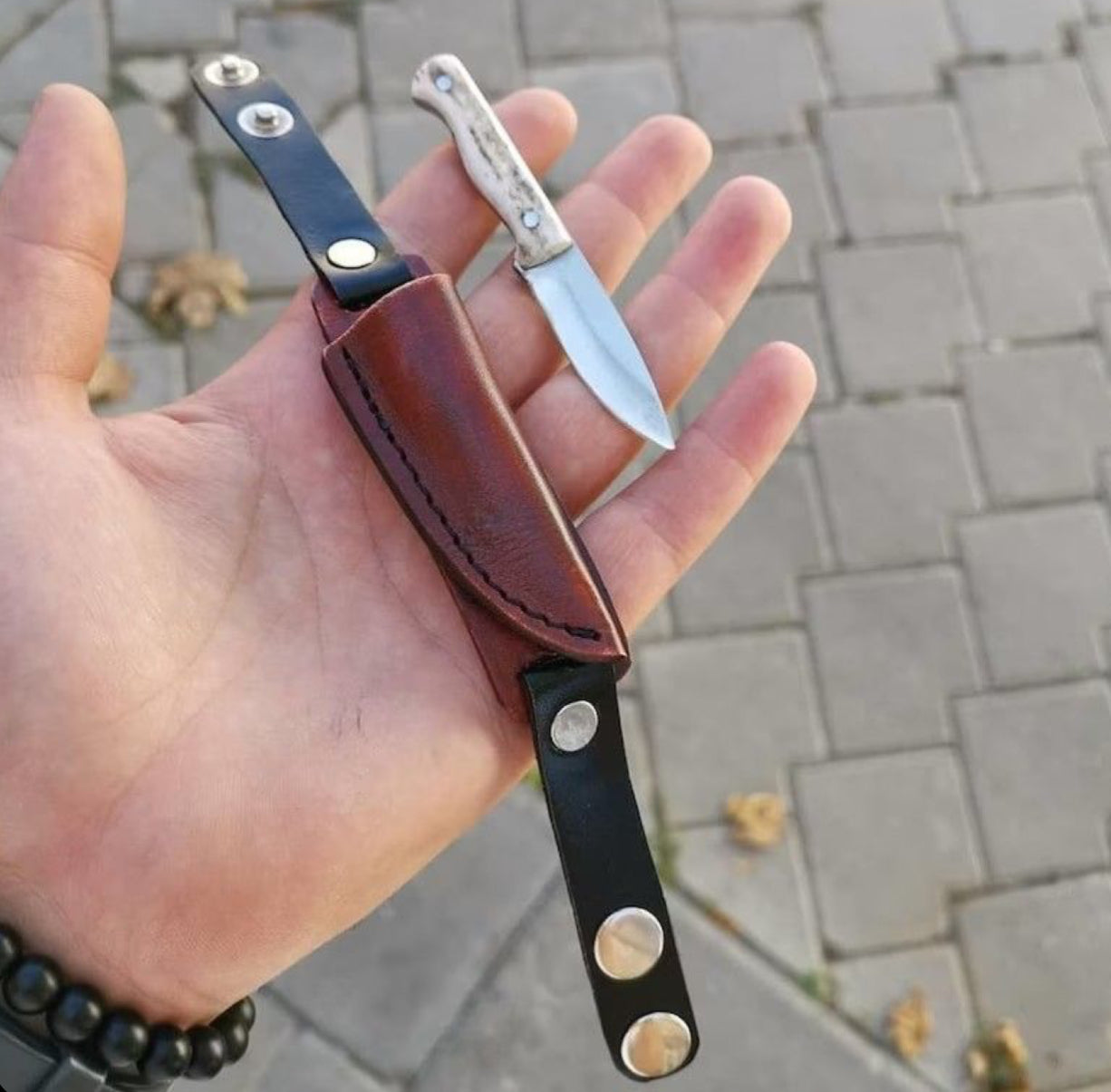 Handmade Bracelet Knife with Bone Handle & Leather Sheath