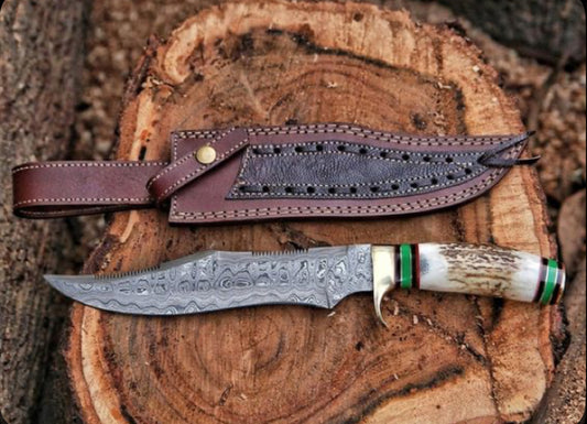 Handmade Damascus Steel Bowie Knife – Stag Horn Handle with Sheath
