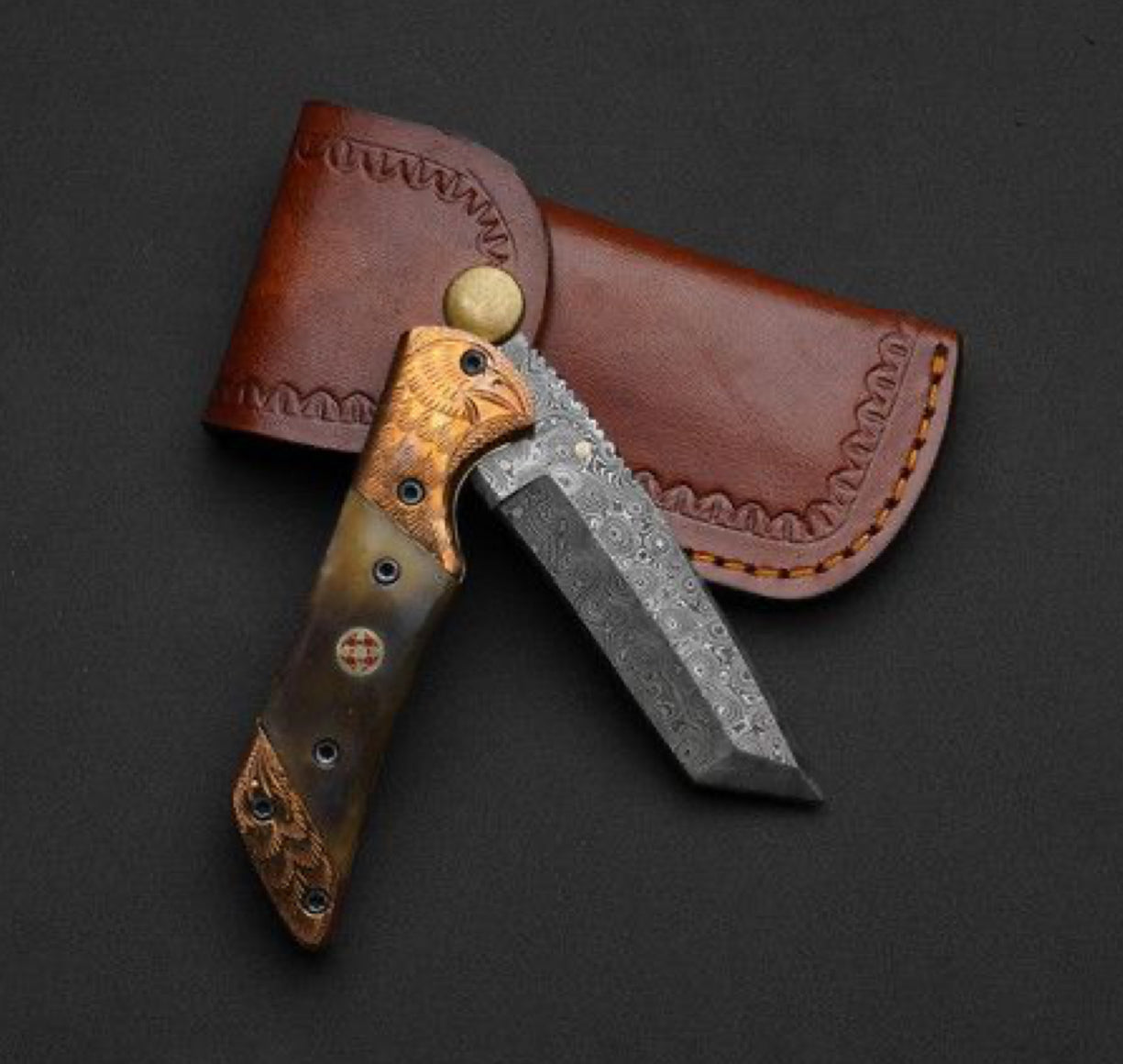 Handmade Tanto-Style Folding Knife with Damascus Steel Blade