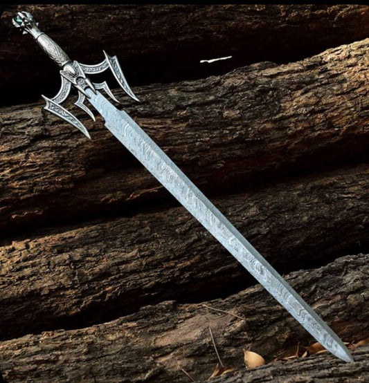 Handmade Damascus Steel Sword with Engraved Handle & Leather Sheath