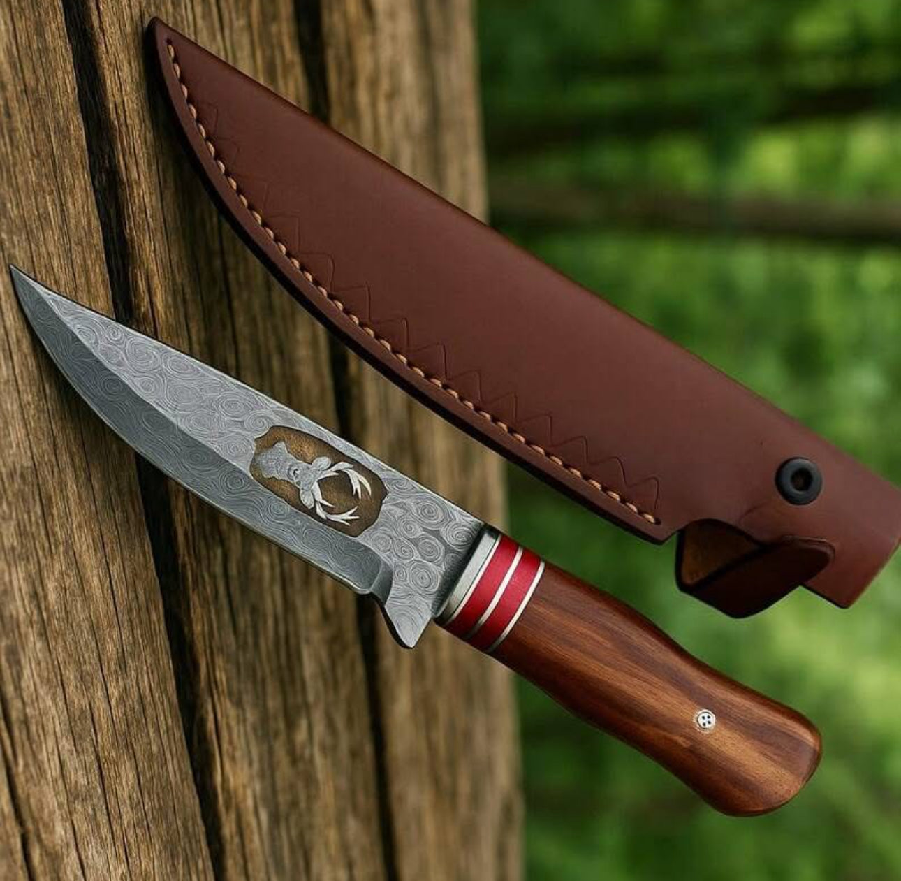 Handmade Damascus Steel Hunting Knife with Rosewood Handle