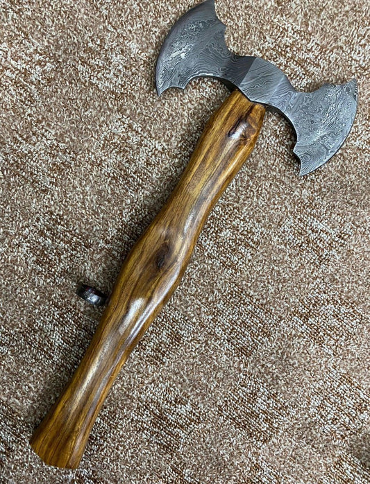 Handmade Damascus Steel Double-Headed Axe with Wooden Handle