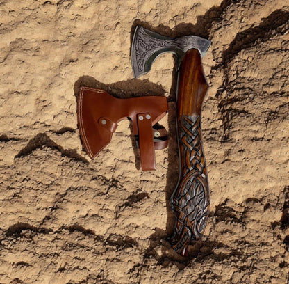 Handmade Viking-Inspired Axe with Etched Head, Handcrafted Handle & Leather Sheath