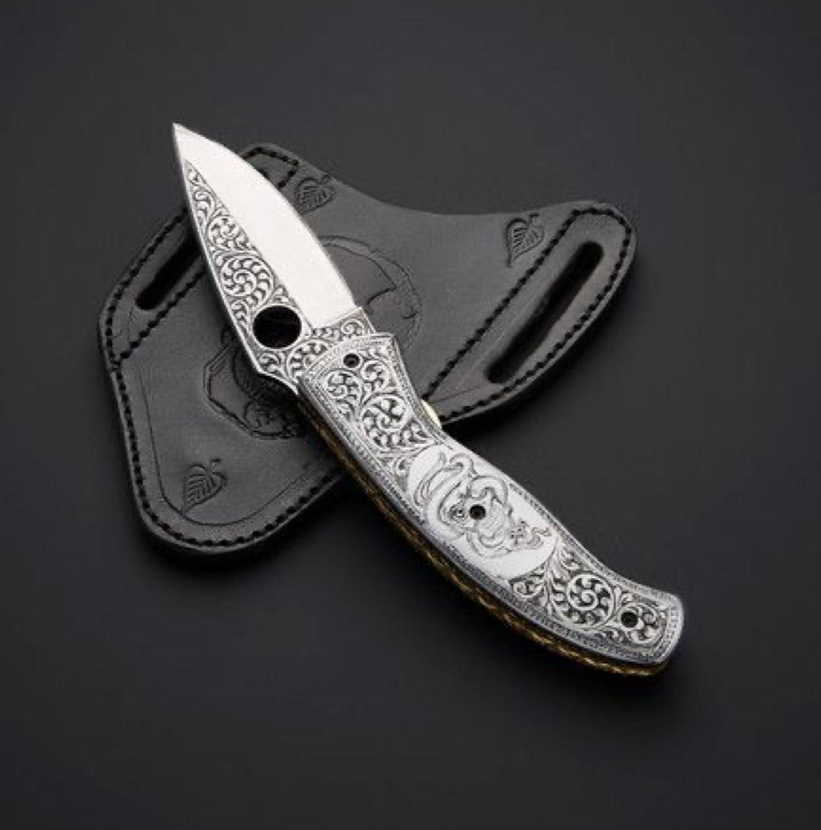 Handmade Folding Pocket Knife with Hand-Engraved Handle