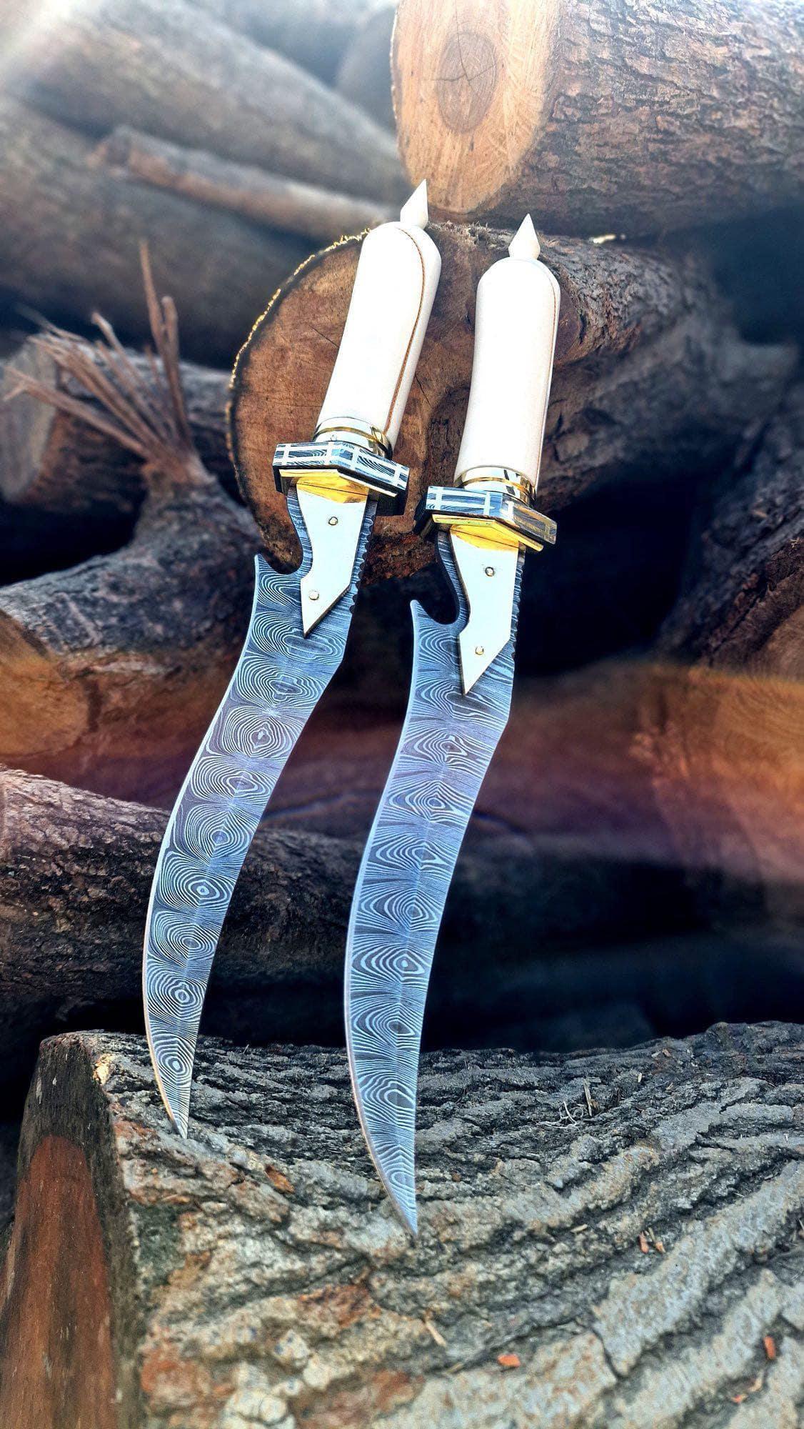 Pair of 12” Handmade Damascus Steel Bowie-Style Knives with Bone Handles
