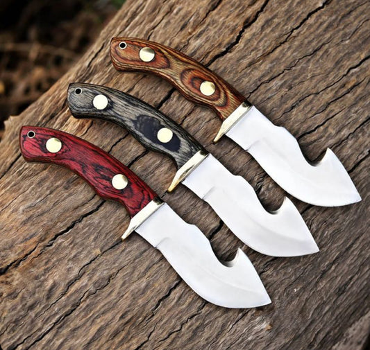 Pair of 3 Handmade Hunting Knives – Gut Hook Style J2 Steel Blades with Sheaths