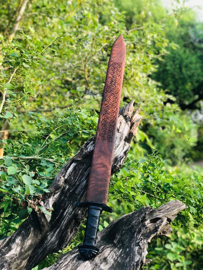 Handmade Viking-Style Damascus Steel Sword with Wooden Engraved Scabbard