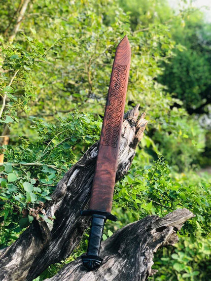Handmade Viking-Style Damascus Steel Sword with Wooden Engraved Scabbard