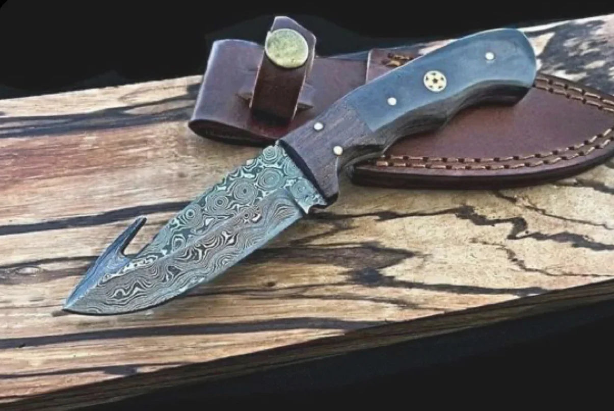 Handmade Damascus Steel Gut Hook Hunting Knife with Wooden Bolster & Micarta Handle