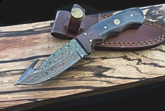 Handmade Damascus Steel Gut Hook Hunting Knife with Wooden Bolster & Micarta Handle