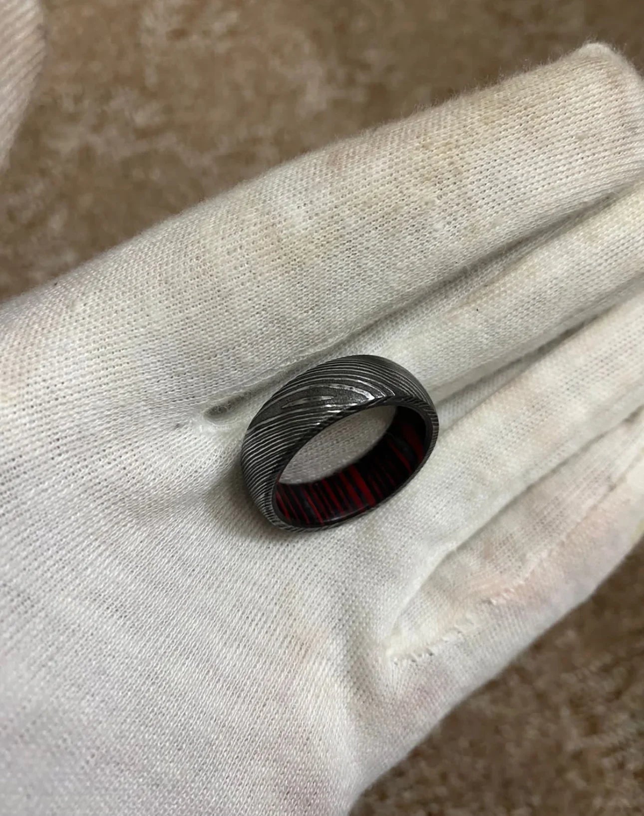 Handmade Damascus Steel Ring with Red Paka Wood Interior