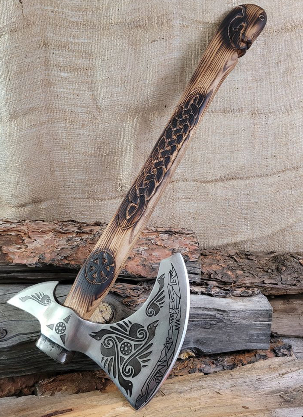 Handmade Viking-Style Axe – 15” Engraved Wooden Handle & Etched Head