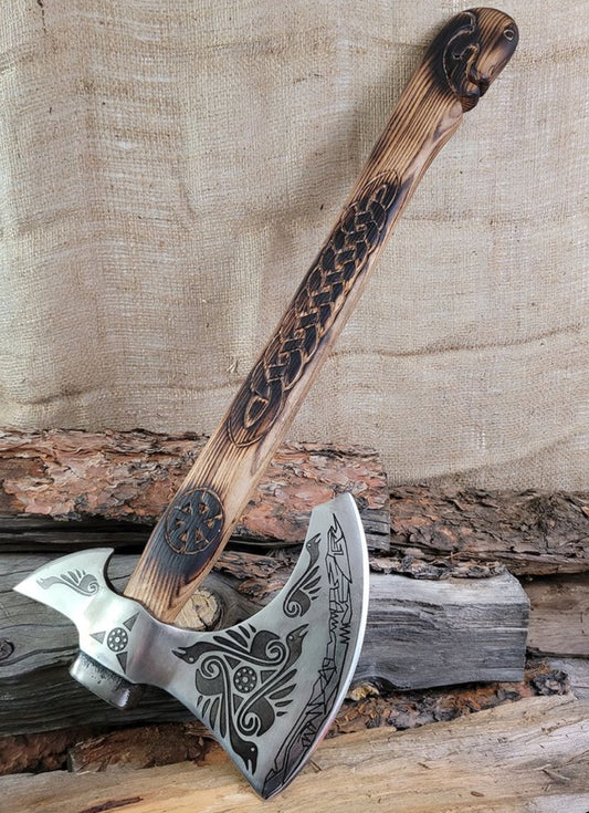 Handmade Viking-Style Axe – 15” Engraved Wooden Handle & Etched Head