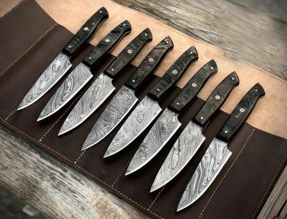 Set of 8 Handmade Damascus Steel Steak Knives with Wooden Handles