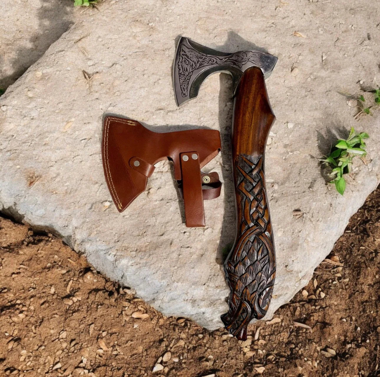 Handmade Viking-Inspired Axe with Etched Head, Handcrafted Handle & Leather Sheath
