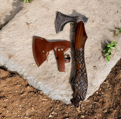 Handmade Viking-Inspired Axe with Etched Head, Handcrafted Handle & Leather Sheath
