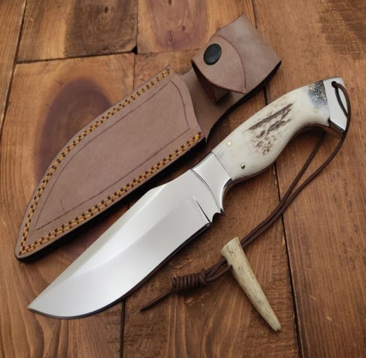 Handmade Full Tang D2 Steel Hunting Knife – Bone Handle with Sheath