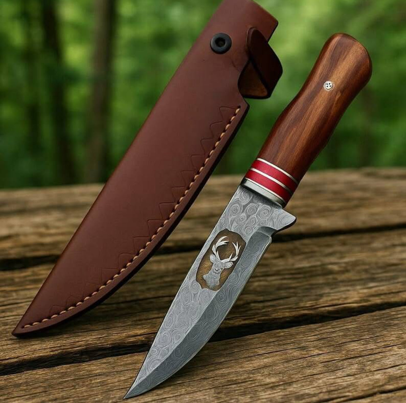 Handmade Damascus Steel Hunting Knife with Rosewood Handle