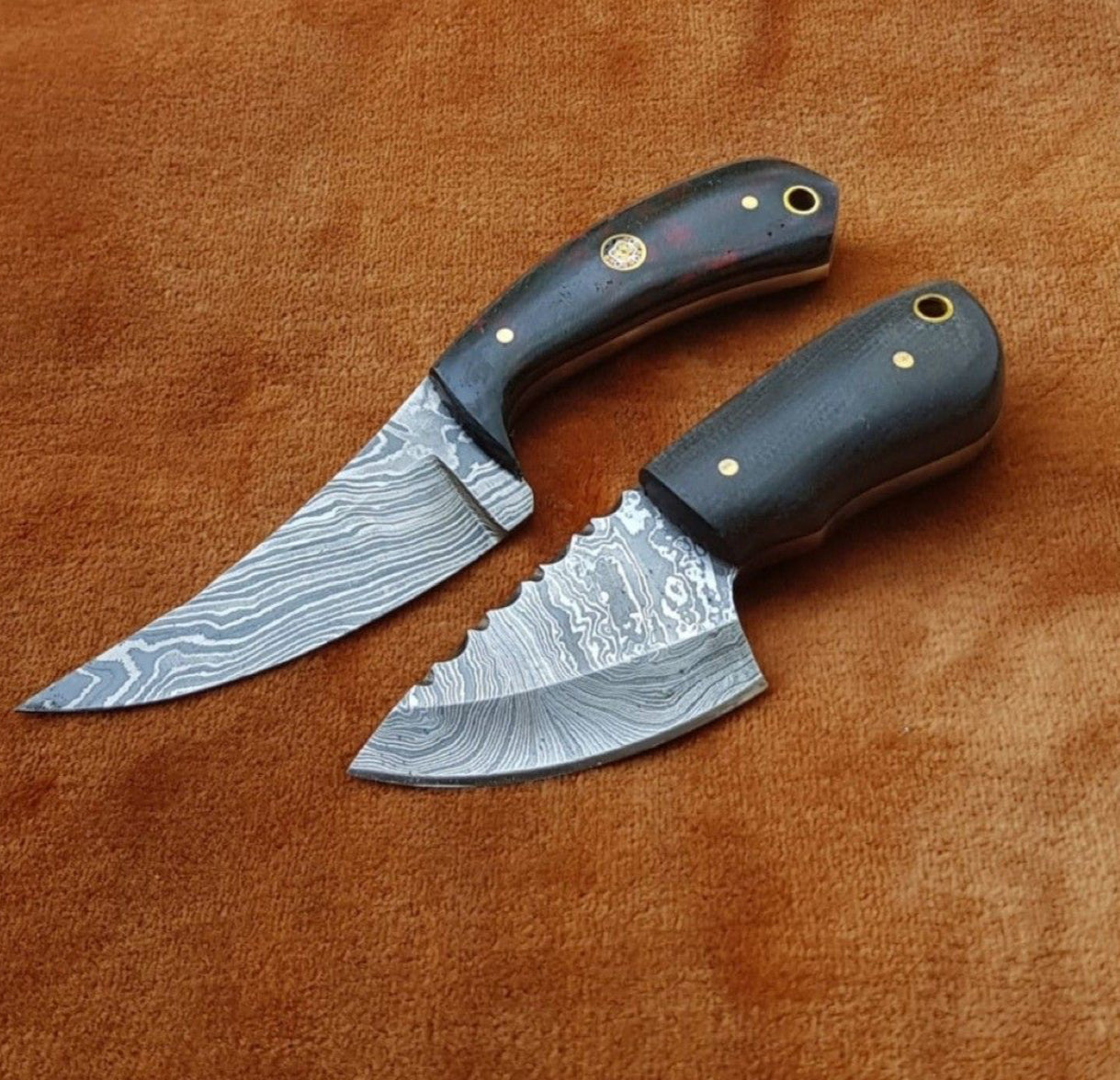 Pair of Handmade Damascus Steel Skinning & Hunting Knives
