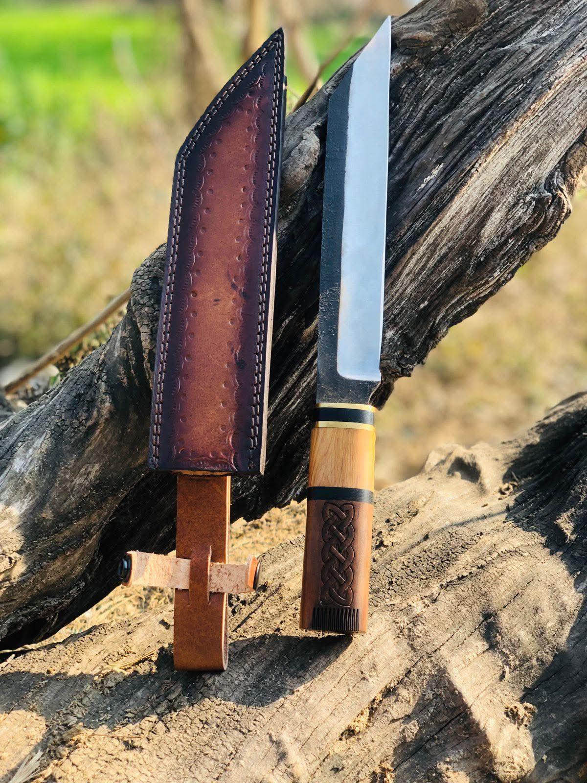Handmade Seax Knife with Engraved Wooden Handle & Leather Sheath