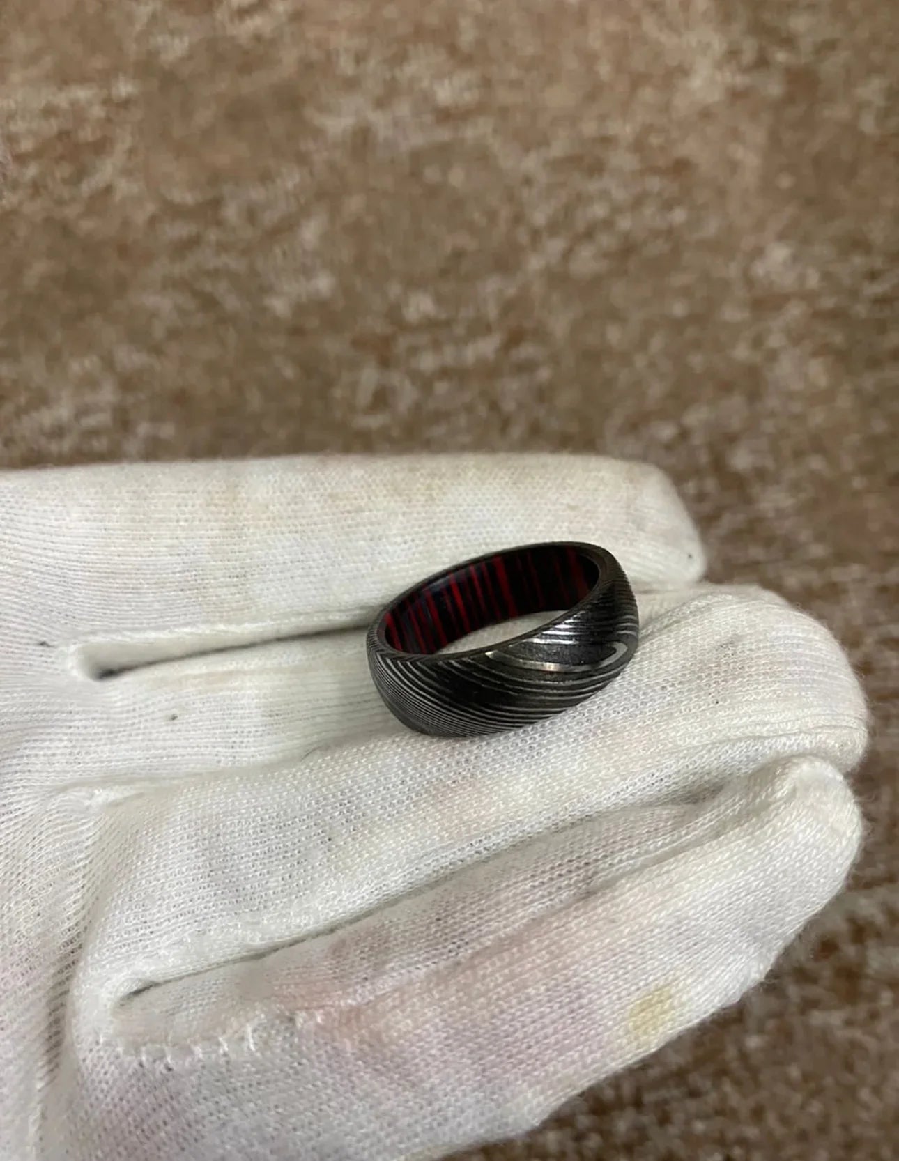 Handmade Damascus Steel Ring with Red Paka Wood Interior