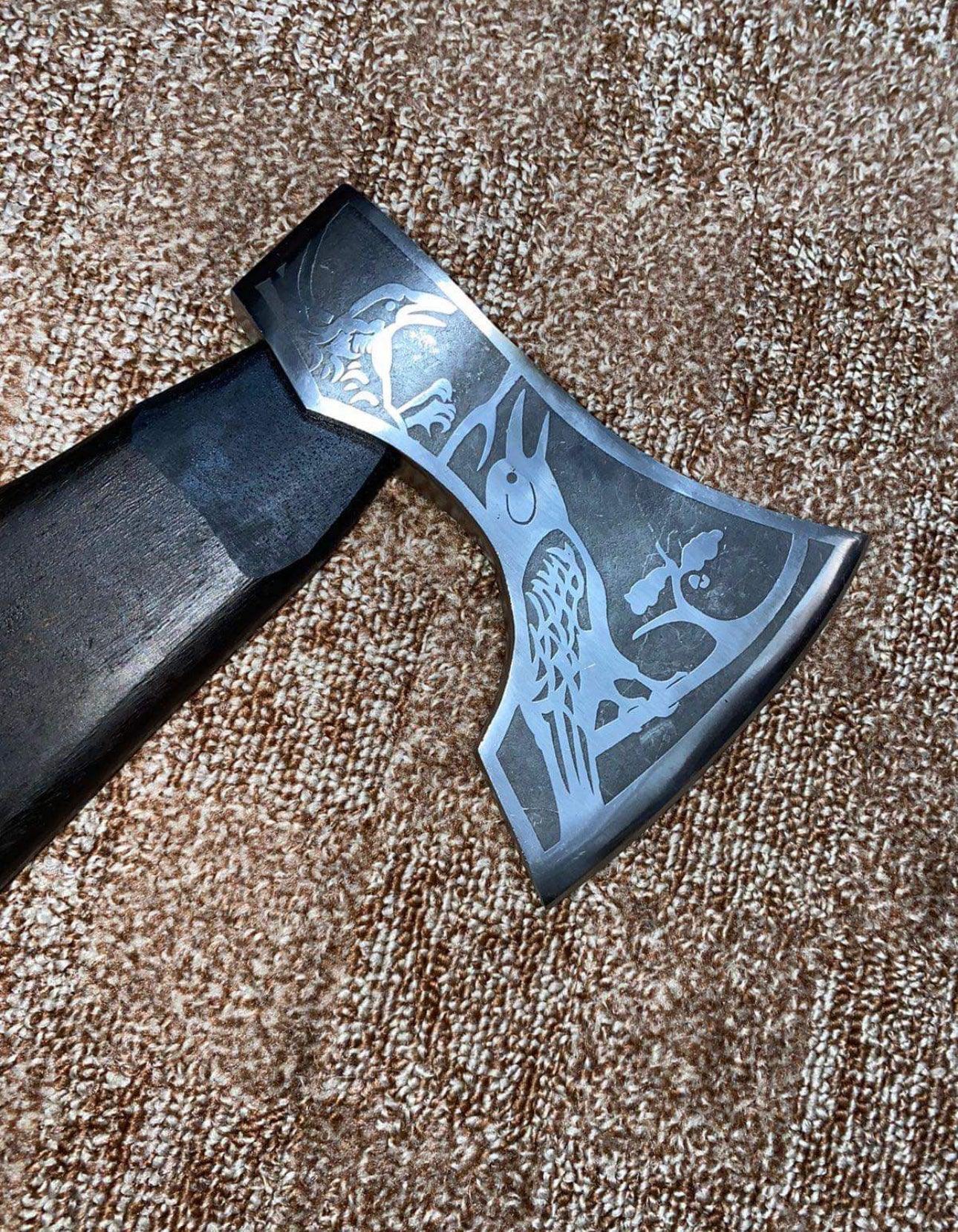Handmade Viking-Style Axe with Raven Handle, Etched Head & Leather Sheath