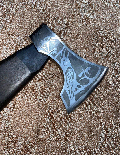 Handmade Viking-Style Axe with Raven Handle, Etched Head & Leather Sheath
